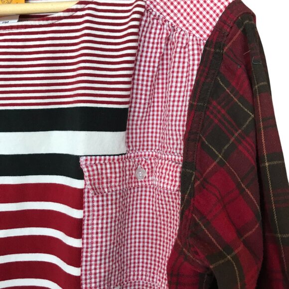 Upcycled Mixed Print Oversized Shirt, M-L: Red Gingham & Plaid Flannel Sleeves - Picture 8 of 14